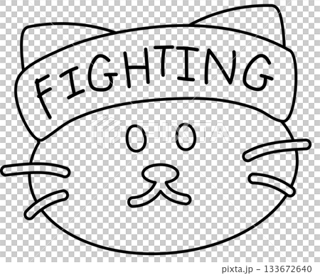 Cute outline of cat wearing FIGHTING sport headband for colouring, exercise, diet, competition, animal decoration, kitten cartoon, cat drawing, pet shop, vet, character, comic, mascot, patch, brooch 133672640