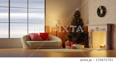 Christmas living room with festive decor and warm ambiance. 3D render illustration Christmas living room with festive decor and warm ambiance. 3D render illustration 133672781