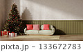 Christmas home decor with a cozy sofa and decorated tree. 3D render illustration 133672783