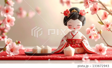 桃の花と菱餅を添えた、モダンでミニマルな雛人形（お雛様、お内裏様）のイラスト 133672943