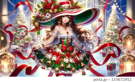 クリスマス衣装の可愛いアニメ風の若い女性と輝く装飾 133672952