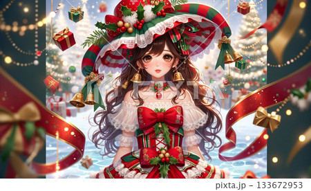 赤と緑のドレスを着た美少女のクリスマス素材 133672953