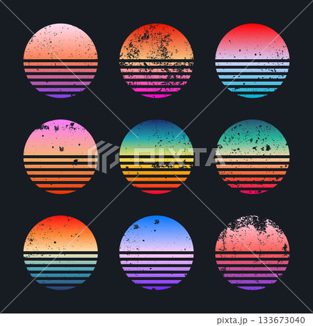 Grunge vintage colorful sunset. Striped gradient sunrise badges in 80s and 90s style. Sun and ocean view, summer vibes, surfing. Design element for print, logo or t-shirt. Vector illustration 133673040