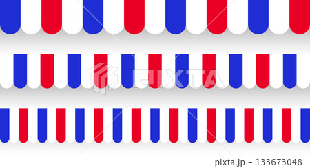 Shop sunshade. Realistic striped cafe awning. Outdoor market tent. Roof canopy in French flag colors. Summer street store. Vector illustration. Shop sunshade. Realistic striped cafe awning. Outdoor market tent. Roof canopy in French flag colors. Summer street store. Vector illustration. 133673048