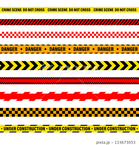 Barricade construction tape. Colorful police warning line, brightly colored danger or hazard stripe, ribbon. Restricted area, zone. Attention symbol. Vector illustration 133673053