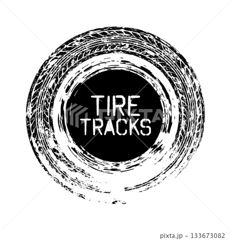Grunge circle tire track, wheel braking mark. Truck, car or motorcycle tread pattern silhouettes. Auto race, motorsport, speed racing design element. Vector illustration 133673082