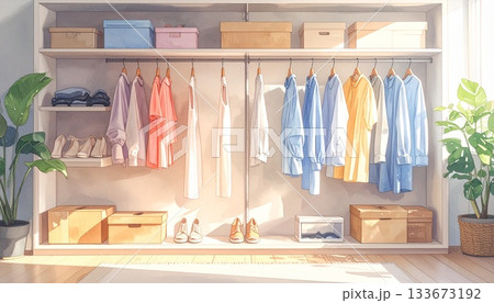 ハンガーに整然と並べられ、美しく整理された洋服と収納ボックスのあるクローゼット 133673192