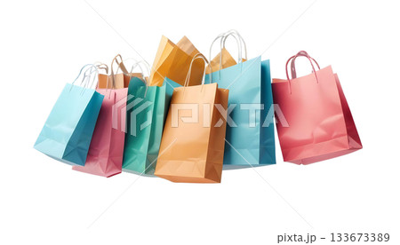An assortment of vibrant shopping bags set against a transparent background, representing the spirit of Black Friday and holiday shopping 133673389