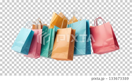 An assortment of vibrant shopping bags set against a transparent background, representing the spirit of Black Friday and holiday shopping 133673389