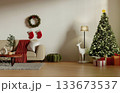 Holiday celebration cozy family room with festive Christmas decor. 3D render illustration 133673537
