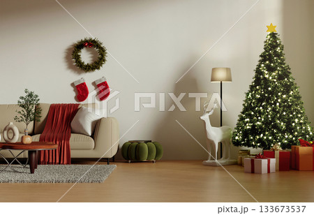 Holiday celebration cozy family room with festive Christmas decor. 3D render illustration 133673537