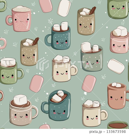 Seamless pattern with cute cartoon coffee cups and marshmallows Seamless pattern with cute cartoon coffee cups and marshmallows 133673598