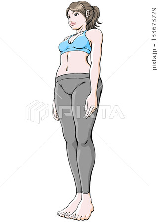 直立ポーズの若い女性_俯瞰斜め45度_スポーツウェア 133673729