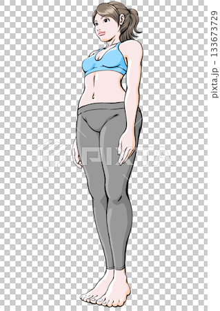 直立ポーズの若い女性_俯瞰斜め45度_スポーツウェア 133673729