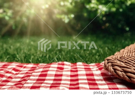 Picnic blanket on green grass during sunny day. Banner design with space for text Picnic blanket on green grass during sunny day. Banner design with space for text 133673750