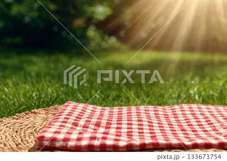 Picnic blanket on green grass during sunny day. Banner design with space for text 133673754