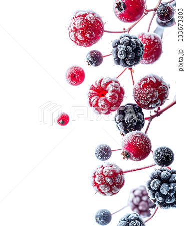 氷の結晶に包まれた浮遊ベリーの静かな冬のテクスチャ 133673803