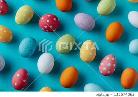 Colorful pattern composition made of various colored Easter eggs on light blue background. Minimal Easter concept. Creative festive spring holiday backdrop. Easter aesthetic. Flat lay, top of view. 133674062
