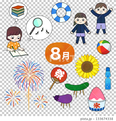 August summer vacation illustration set August summer vacation illustration set 133674338