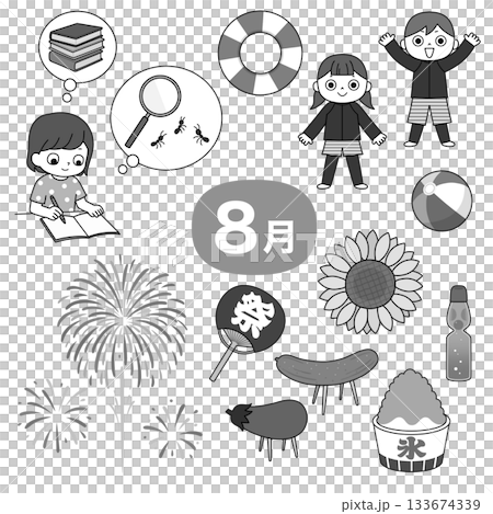 August summer vacation monochrome illustration set August summer vacation monochrome illustration set 133674339