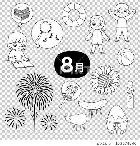 8月の夏休み白黒線画イラストセット 133674340