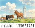海沿いの岬でたたずむ馬 133674371