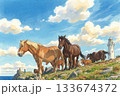 海沿いの丘にたたずむ馬と遠くに見える海と灯台 133674372