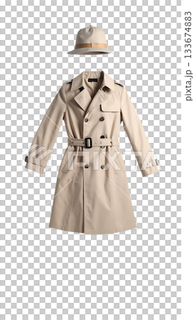 一件風衣漂浮在空中，展現出一種極簡主義的寧靜。 133674883