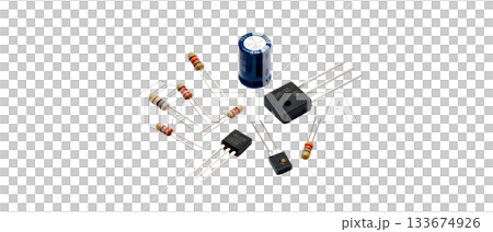 電子回路パーツが整然と配置された白背景トップビュー 電子回路パーツが整然と配置された白背景トップビュー 133674926