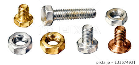 精密なナットとボルトを描いたメタリック水彩イラストのトップビュー 133674931