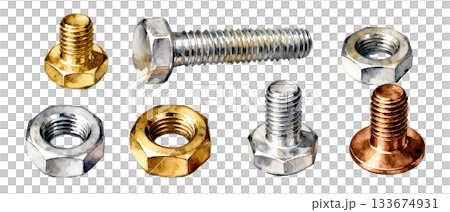 精密なナットとボルトを描いたメタリック水彩イラストのトップビュー 133674931