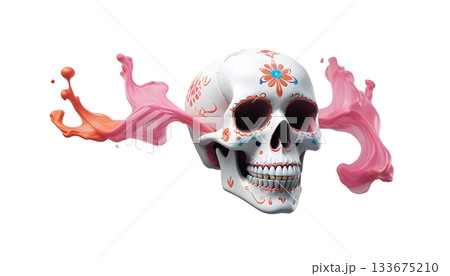 Festive sugar skull with vivid decorations, honoring Day of the Dead, alongside traditional marigold flowers Festive sugar skull with vivid decorations, honoring Day of the Dead, alongside traditional marigold flowers 133675210