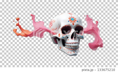 Festive sugar skull with vivid decorations, honoring Day of the Dead, alongside traditional marigold flowers Festive sugar skull with vivid decorations, honoring Day of the Dead, alongside traditional marigold flowers 133675210