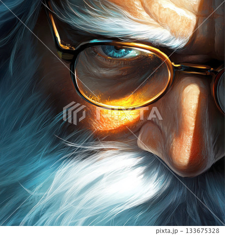 Intense close-up of an elderly man's focused gaze and wisdom. 133675328
