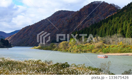 最上川 晩秋の絶景 二隻の舟下り 山形県 最上川 晩秋の絶景 二隻の舟下り 山形県 133675426
