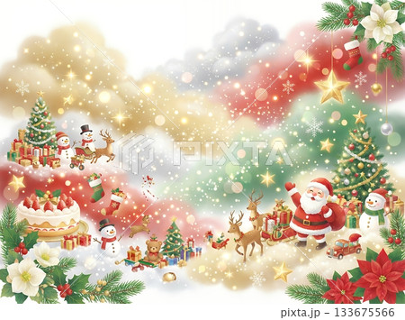 キラキラ輝くクリスマスの幻想的な背景：サンタクロースと冬のイベント素材 133675566