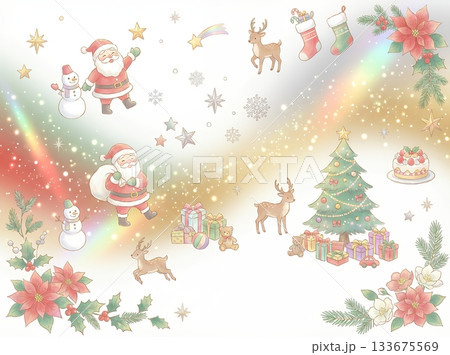 キラキラ輝くクリスマスの幻想的な背景：サンタクロースと冬のイベント素材 133675569