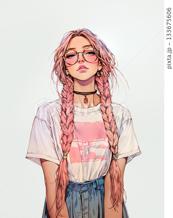 長い三つ編みのおしゃれな女性 133675606