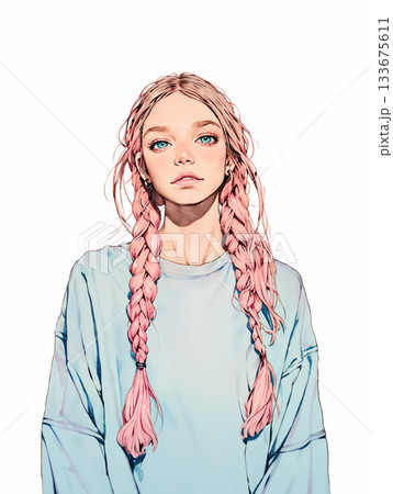長い三つ編みのおしゃれな女性 133675611