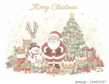 キラキラ輝くクリスマスの幻想的な背景：サンタクロースと冬のイベント素材  133675727