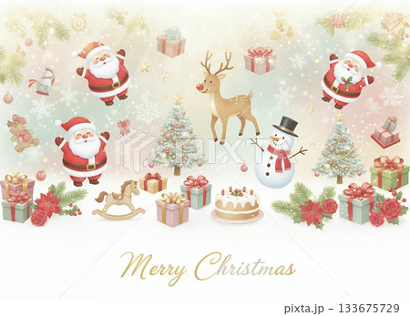 キラキラ輝くクリスマスの幻想的な背景：サンタクロースと冬のイベント素材  133675729