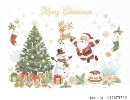キラキラ輝くクリスマスの幻想的な背景：サンタクロースと冬のイベント素材  133675730