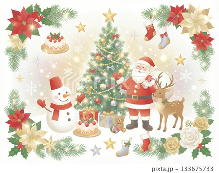 キラキラ輝くクリスマスの幻想的な背景：サンタクロースと冬のイベント素材  133675733