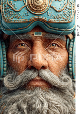 Ancient warrior with detailed helmet and expressive eyes Ancient warrior with detailed helmet and expressive eyes 133675940
