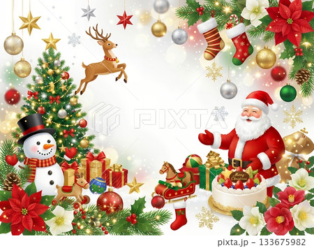 キラキラ輝くクリスマスの幻想的な背景：サンタクロースと冬のイベント素材  133675982
