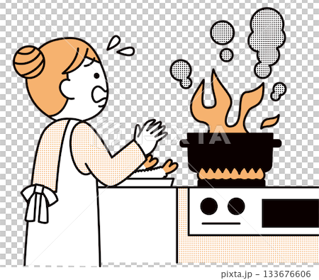 コンロから火が出て驚く女性 133676606