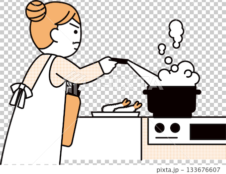 A woman extinguishing a stove with a fire extinguisher A woman extinguishing a stove with a fire extinguisher 133676607