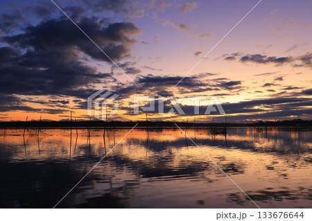 水面に映る朝日 133676644