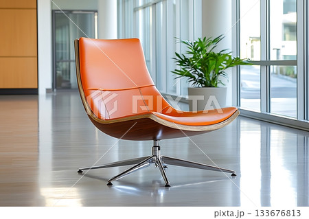 Modern Orange Lounge Chair in Contemporary Space with Natural Light and Green Plant 133676813