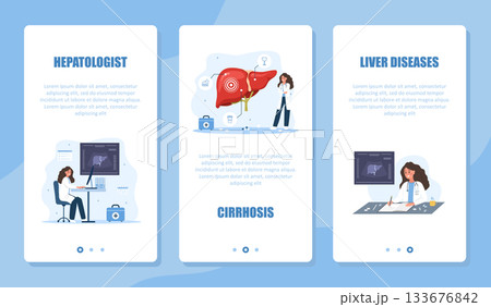 Hepatology banner set. Liver disease set. Medical examination and therapy by hepatologist for diagnosis and prevention. Vector design 133676842